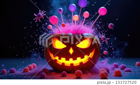 Neon Candy Explosion from Pumpkin on Black for Night Halloween Events 131727520