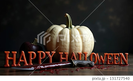 Elegant Dark Still Life with White Pumpkin and Antique Bloody Dagger 131727540