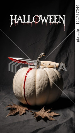 Elegant Dark Still Life with White Pumpkin and Antique Bloody Dagger 131727544