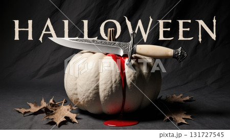 Elegant Dark Still Life with White Pumpkin and Antique Bloody Dagger Elegant Dark Still Life with White Pumpkin and Antique Bloody Dagger 131727545
