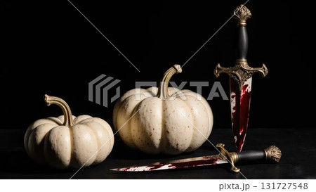 Elegant Dark Still Life with White Pumpkin and Antique Bloody Dagger 131727548