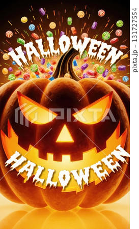 Candy Explosion Bursting from Jack-O-Lantern for Halloween Party Banner 131727554