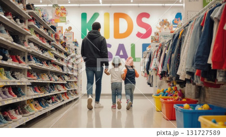 Family Shopping During Kids Sale in Bright Store with Colorful Banners 131727589