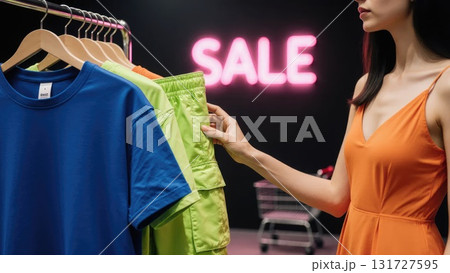 Man's Hands Choosing Discount Hoodie and Jeans at Street Market Sale 131727595