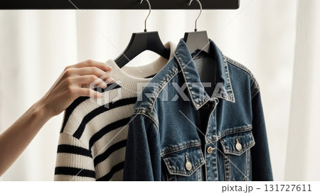 Macro Close-Up of Discount Tags and Fabric Textures on Clothing Hangers 131727611