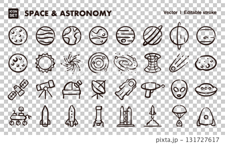 太空和天文手繪圖標插圖集。 EPS 版本可編輯以變更線條粗細等。 131727617
