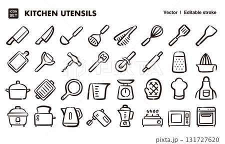 調理道具の手描きアイコンイラストセット　EPS版は線の太さ等編集可能 131727620