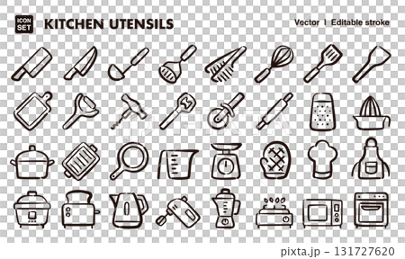 調理道具の手描きアイコンイラストセット　EPS版は線の太さ等編集可能 131727620