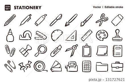 文房具の手描きアイコンイラストセット　EPS版は線の太さ等編集可能 131727621