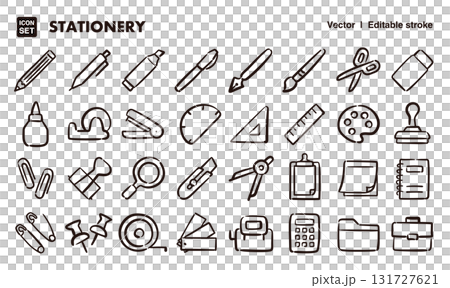 文房具の手描きアイコンイラストセット　EPS版は線の太さ等編集可能 131727621