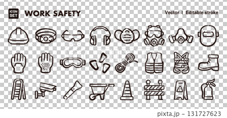 Hand-drawn icon illustration set of work safety tools. EPS version can be edited to change line thickness, etc. 131727623