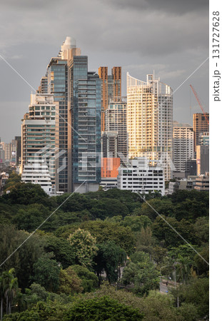 a cluster of modern high-rise buildings and skyscrapers behind the lush green area of the Lumphini Park. 131727628