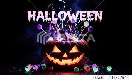Neon Candy Explosion from Pumpkin on Black for Night Halloween Events 131727643