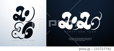 Happy New Year 2026 Logo Typography Design with Abstract Number on White and Black Background. Christmas Holiday Greeting Card Illustration with Typography Lettering for Calendar, Flyer, Banner 131727742