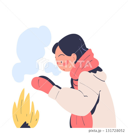 Freezing Woman Character Wearing Warm Clothes Trembling Feeling Cold at Fire Vector Illustration Freezing Woman Character Wearing Warm Clothes Trembling Feeling Cold at Fire Vector Illustration 131728052