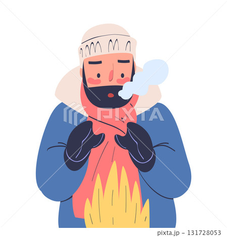 Freezing Man Character Wearing Warm Clothes Trembling Feeling Cold Vector Illustration 131728053