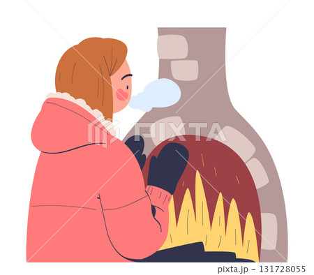 Freezing Woman Character Sit at Fireplace Wearing Warm Clothes Trembling Feeling Cold Vector Illustration Freezing Woman Character Sit at Fireplace Wearing Warm Clothes Trembling Feeling Cold Vector Illustration 131728055