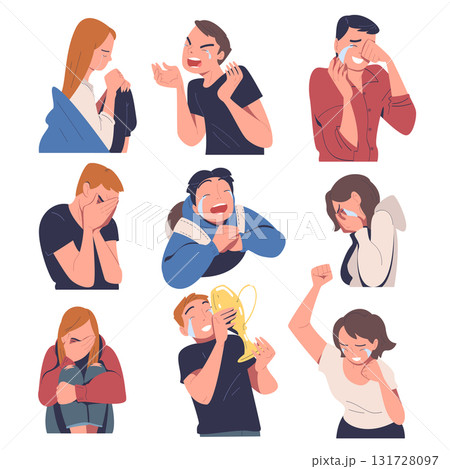 People Character Crying from Grief and Happiness Vector Set 131728097
