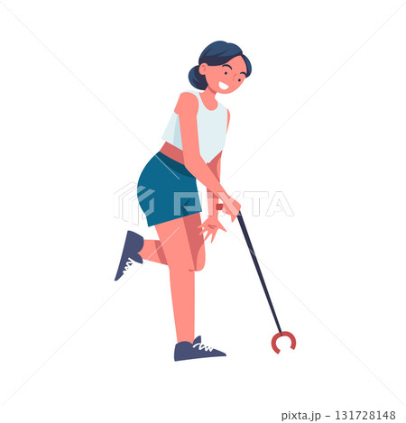 Woman Character Collecting Garbage on Beach with Stick Vector Illustration 131728148