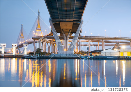 Bhumibol Bridge in Bangkok and Samut Prakan, Thailand. 131728378