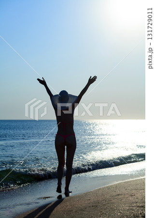 Woman in bikini walking on the beach 131729011