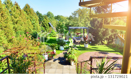 Beautiful summer garden with green grass, exotic plants and aluminum pergola. Professional luxury gardening concept. 131729021