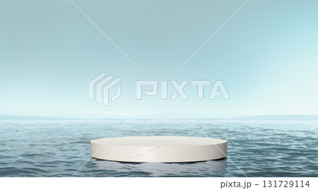 White marble podium stand in calm sea water scene 131729114