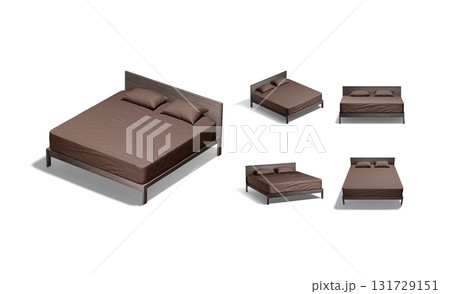 Blank wooden double bed with brown bedding mockup, different views Blank wooden double bed with brown bedding mockup, different views 131729151