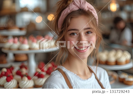 Woman Admiring Pastries In Cake Shop Woman Admiring Pastries In Cake Shop 131729243