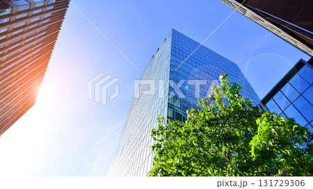 Glass office building surrounded with green trees. Eco-friendly office building. Sustainable architecture of city reducing heat carbon dioxide modern city environment. Glass office building surrounded with green trees. Eco-friendly office building. Sustainable architecture of city reducing heat carbon dioxide modern city environment. 131729306