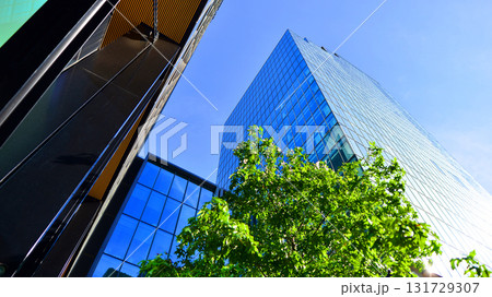 Glass office building surrounded with green trees. Eco-friendly office building. Sustainable architecture of city reducing heat carbon dioxide modern city environment. Glass office building surrounded with green trees. Eco-friendly office building. Sustainable architecture of city reducing heat carbon dioxide modern city environment. 131729307