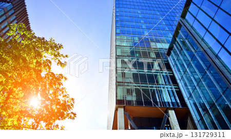 Glass office building surrounded with green trees. Eco-friendly office building. Sustainable architecture of city reducing heat carbon dioxide modern city environment. Glass office building surrounded with green trees. Eco-friendly office building. Sustainable architecture of city reducing heat carbon dioxide modern city environment. 131729311