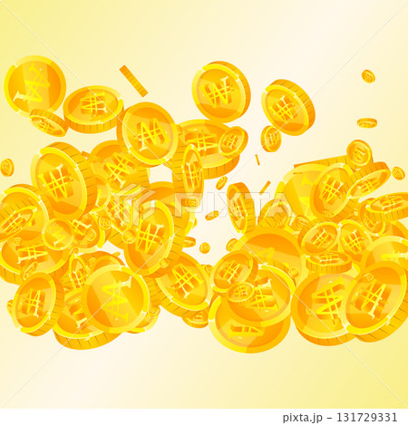 Korean won coins falling. Scattered gold WON coins. Korea money. Jackpot wealth or success concept. Square vector illustration. 131729331