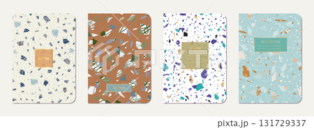 Notepad cover design. Terrazzo abstract background made of natural stones, granite, quartz and marble. Venetian terrazzo texture notepad cover template. Notepad cover design. Terrazzo abstract background made of natural stones, granite, quartz and marble. Venetian terrazzo texture notepad cover template. 131729337