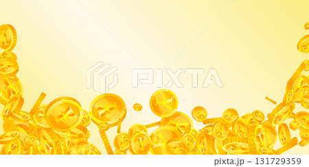 Japanese yen coins falling. Scattered gold JPY coins. Japan money. Jackpot wealth or success concept. Wide vector illustration. 131729359