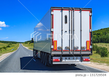Picture of big truck with the trailer moves on the highway 131729504