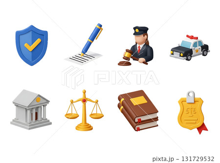 Assortment of 3D icons related to law and justice Keywords: shield, pen, document, judge, gavel isolated on a transparent background 131729532