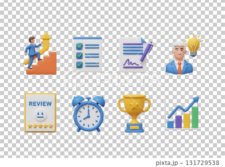 Business Success Icons Man Climbing Stairs Checklist Review Clock Trophy Graph growth progress isolated on a transparent background 131729538