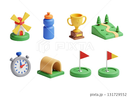 Set of 3D icons for sports and recreation activities Keywords windmill, water bottle, trophy isolated on a transparent background Set of 3D icons for sports and recreation activities Keywords windmill, water bottle, trophy isolated on a transparent background 131729552