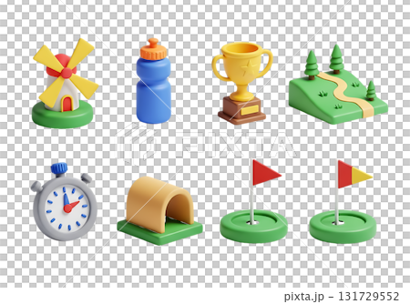 Set of 3D icons for sports and recreation activities Keywords windmill, water bottle, trophy isolated on a transparent background 131729552