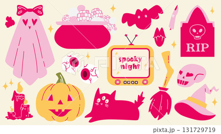 Halloween set pink elements. Halloween coquettish stickers, ghosts, bat, cauldron, pumpkin, eye, skull. Halloween set pink elements. Halloween coquettish stickers, ghosts, bat, cauldron, pumpkin, eye, skull. 131729719