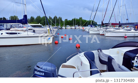 Wilkasy, Poland. 24 August 2025. Marina Wilkasy and boats moored above lake Niegocin near Gizycko. Wilkasy, Poland. 24 August 2025. Marina Wilkasy and boats moored above lake Niegocin near Gizycko. 131730480