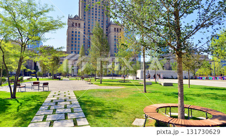 Warsaw, Poland. 15 August 2025. Central Square is the space in front of the main entrance to the Palace of Culture, next to the Museum of Modern Art. Warsaw, Poland. 15 August 2025. Central Square is the space in front of the main entrance to the Palace of Culture, next to the Museum of Modern Art. 131730629