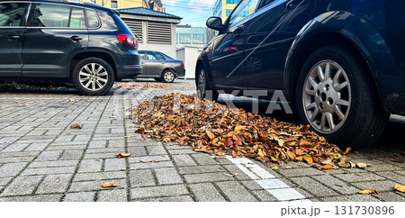 Pile of fallen autumn leaves on city pavement between parked cars, showcasing vibrant colors and textures, creating seasonal urban atmosphere Pile of fallen autumn leaves on city pavement between parked cars, showcasing vibrant colors and textures, creating seasonal urban atmosphere 131730896
