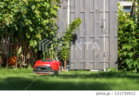 Autonomous red robotic lawn mower cutting grass in sunny garden near shed. Autonomous red robotic lawn mower cutting grass in sunny garden near shed. 131730912