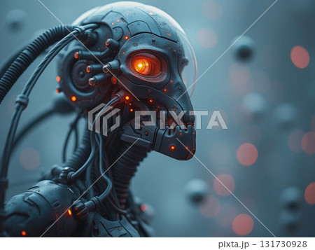 A robot with glowing red eyes and a skull on its face A robot with glowing red eyes and a skull on its face 131730928