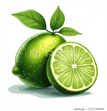 Illustration of lime is shown with its peel and a slice of it 131730989