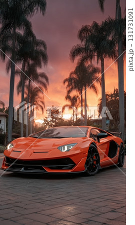 A sports car against a backdrop of palm trees in the summer sunset. Sleek orange sports car. Futuristic digital background. Concept of velocity and technology. 131731091