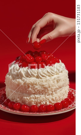 A hand puts two red cherries on a white cake close-up. red cake cherry and cream, food. A hand puts two red cherries on a white cake close-up. red cake cherry and cream, food. 131731183