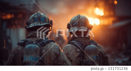 Close up Male Firefighter in Full Gear Ready for Duty, Standing in Front of a camera. Portrait of a Brave Close up Male Firefighter in Full Gear Ready for Duty, Standing in Front of a camera. Portrait of a Brave 131731236